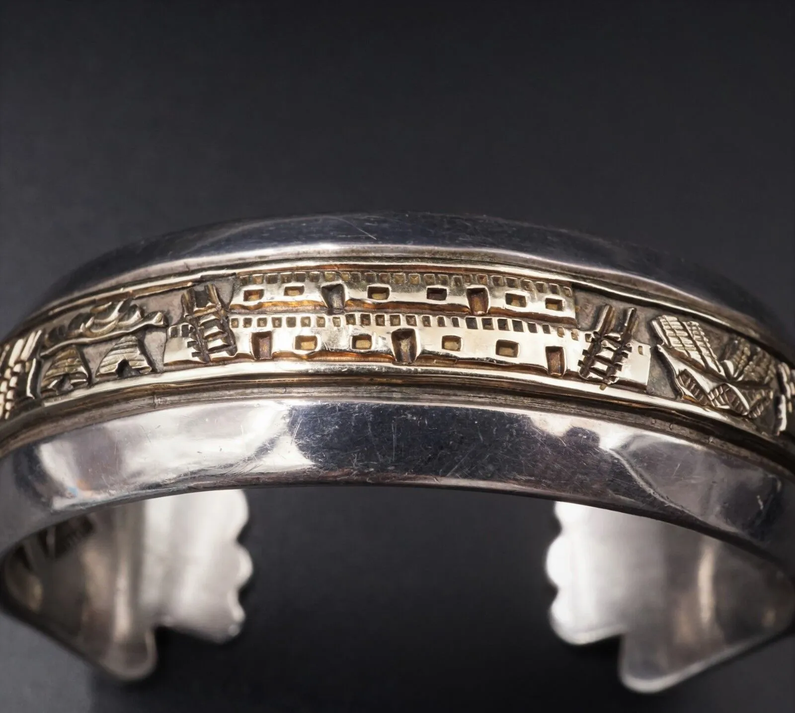 Navajo James Pioche Sterling Silver 14k Gold Pueblo Scene Cuff Bracelet BS1789