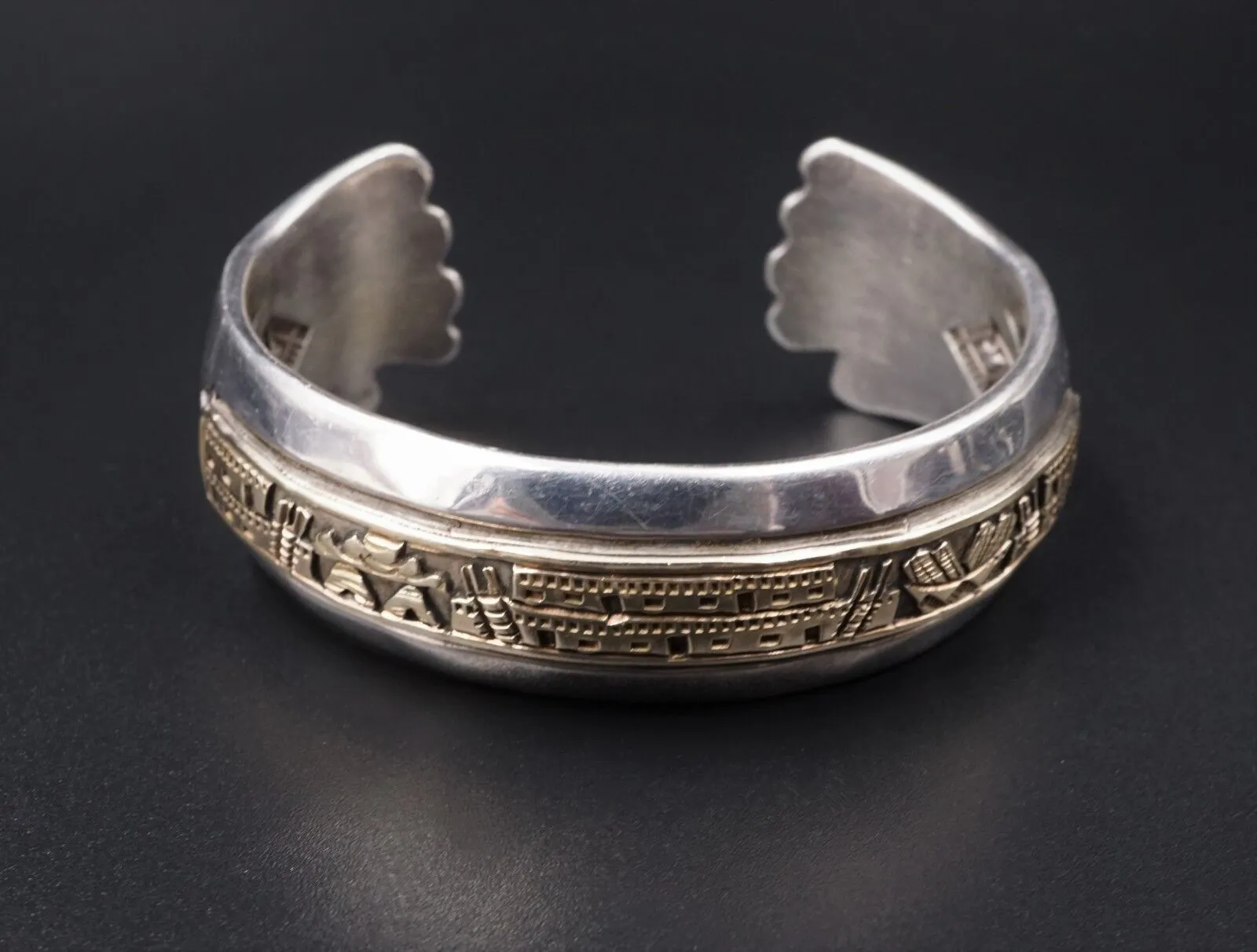 Navajo James Pioche Sterling Silver 14k Gold Pueblo Scene Cuff Bracelet BS1789