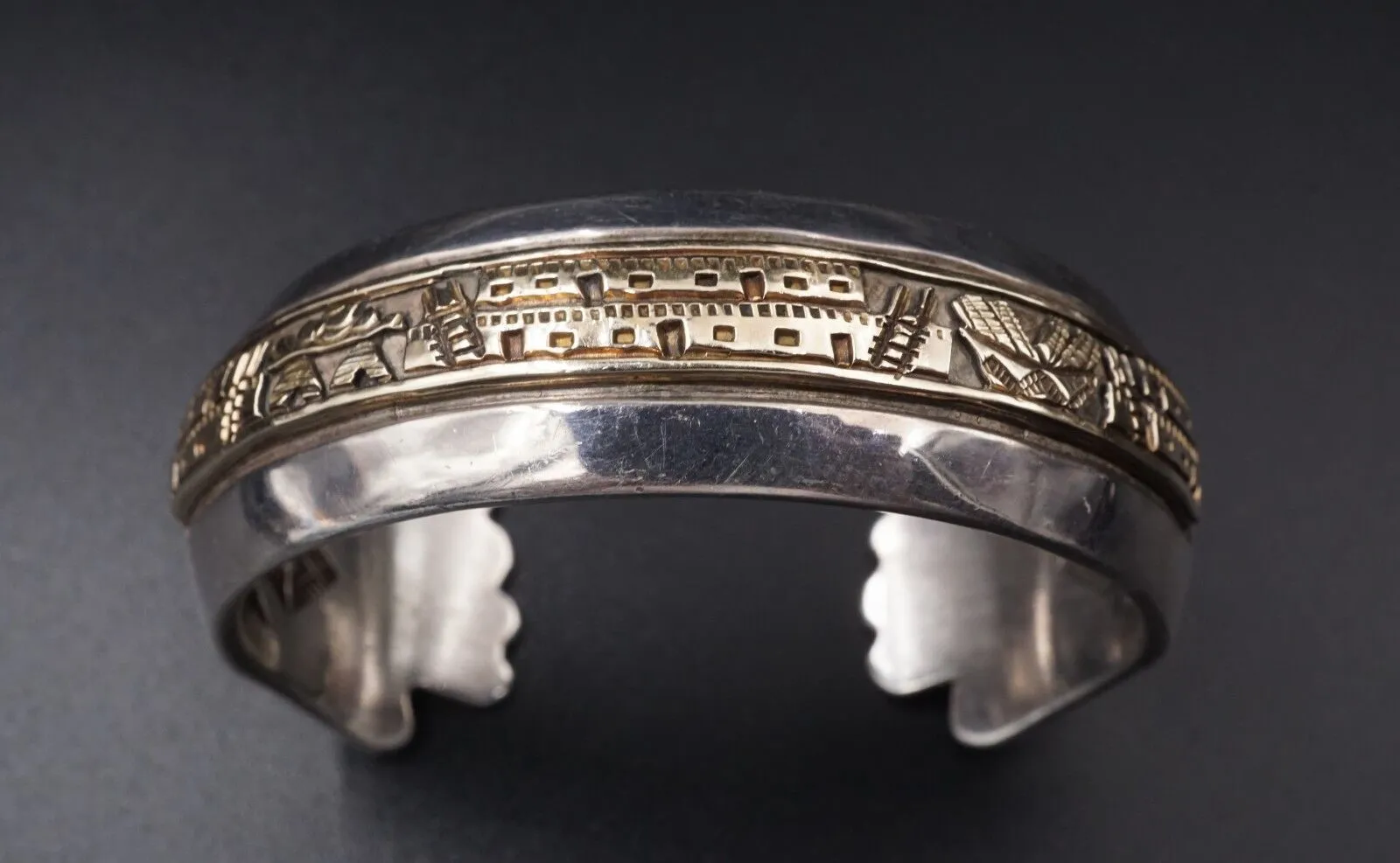 Navajo James Pioche Sterling Silver 14k Gold Pueblo Scene Cuff Bracelet BS1789
