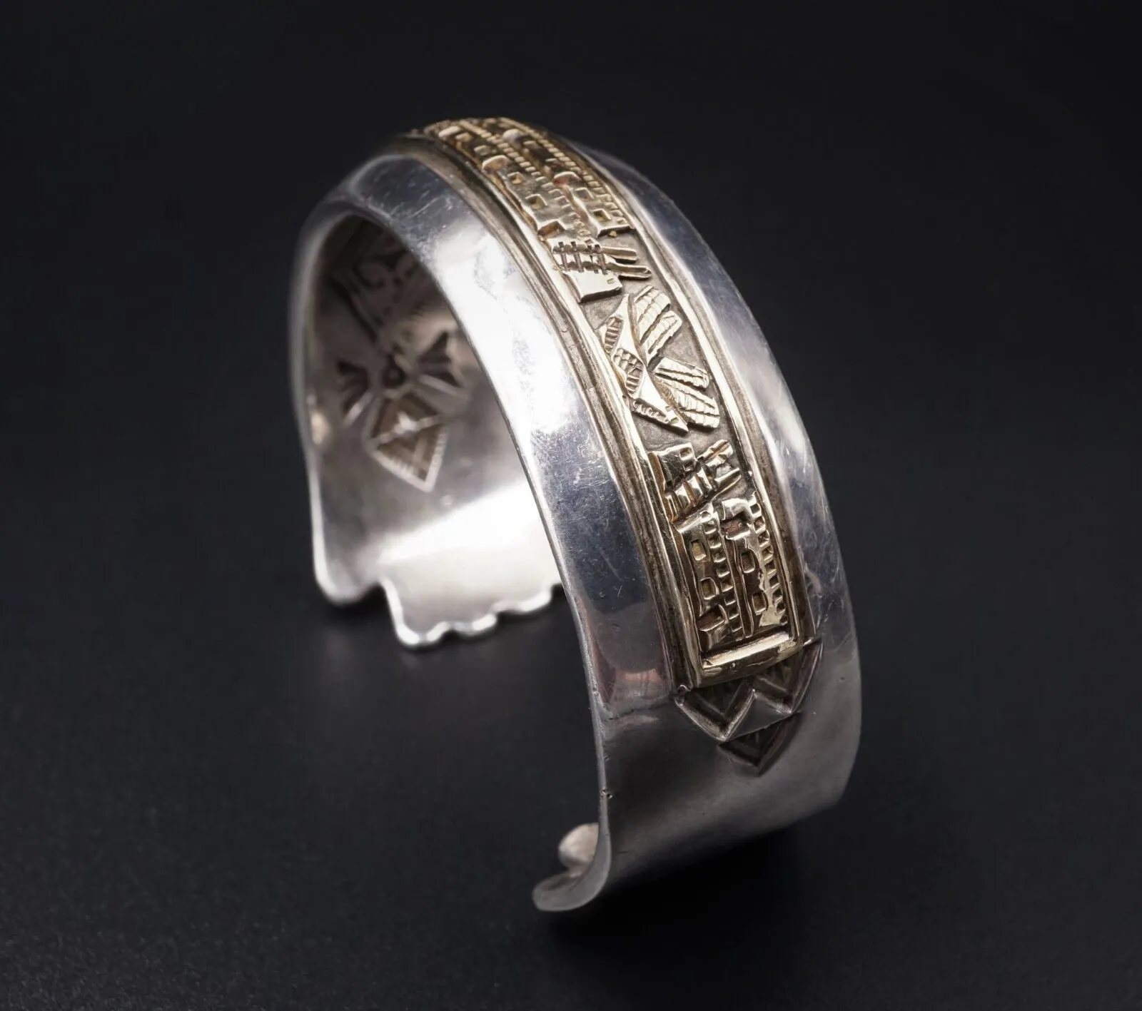 Navajo James Pioche Sterling Silver 14k Gold Pueblo Scene Cuff Bracelet BS1789