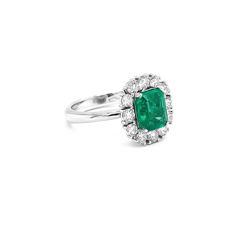 NEW ITALIAN ART 18CT WHITE GOLD COLUMBIAN EMERALD AND DIAMOND RING
