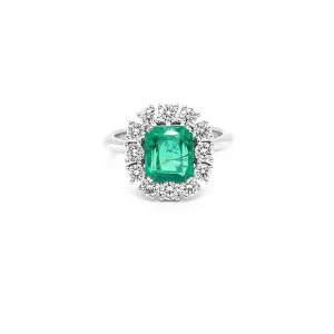 NEW ITALIAN ART 18CT WHITE GOLD COLUMBIAN EMERALD AND DIAMOND RING