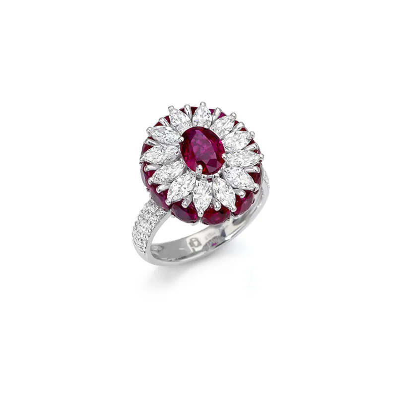 NEW ITALIAN ART 18CT WHITE GOLD RUBY AND DIAMOND DRESS RING