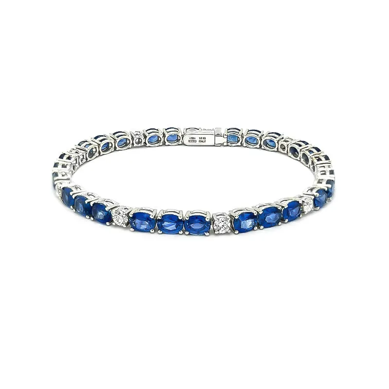 NEW ITALIAN ART 18CT WHITE GOLD SAPPHIRE AND DIAMOND LINE BRACELET