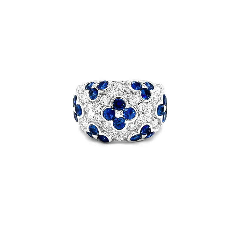 NEW ITALIAN ART 'FLOWER' 18CT WHITE GOLD BLUE SAPPHIRE AND DIAMOND DRESS RING