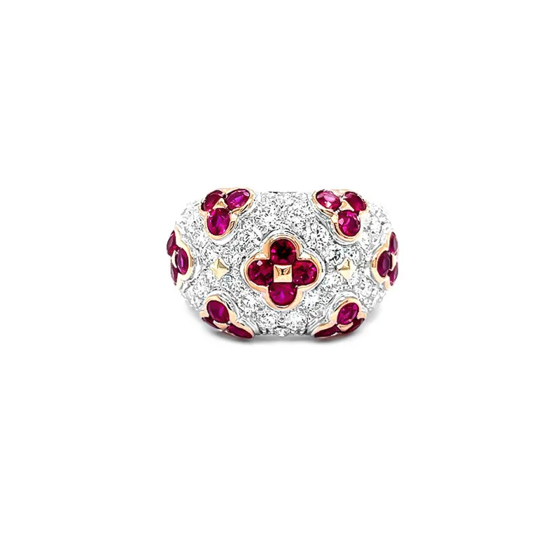 NEW ITALIAN ART 'FLOWER' 18CT WHITE GOLD RUBY AND DIAMOND DRESS RING