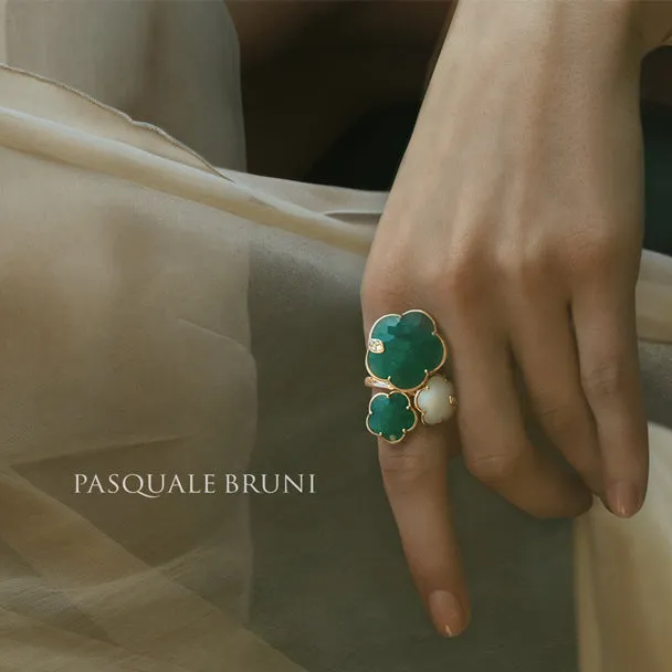 PASQUALE BRUNI 18CT ROSE GOLD TON JOLI RING WITH GREEN & WHITE AGATE & WHITE & CHAMPAGNE DIAMONDS