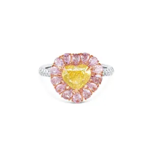 Platinum 18K Yellow Rose Gold Fancy Vivid Diamonds Heart Shaped Ring, GIA Certified
