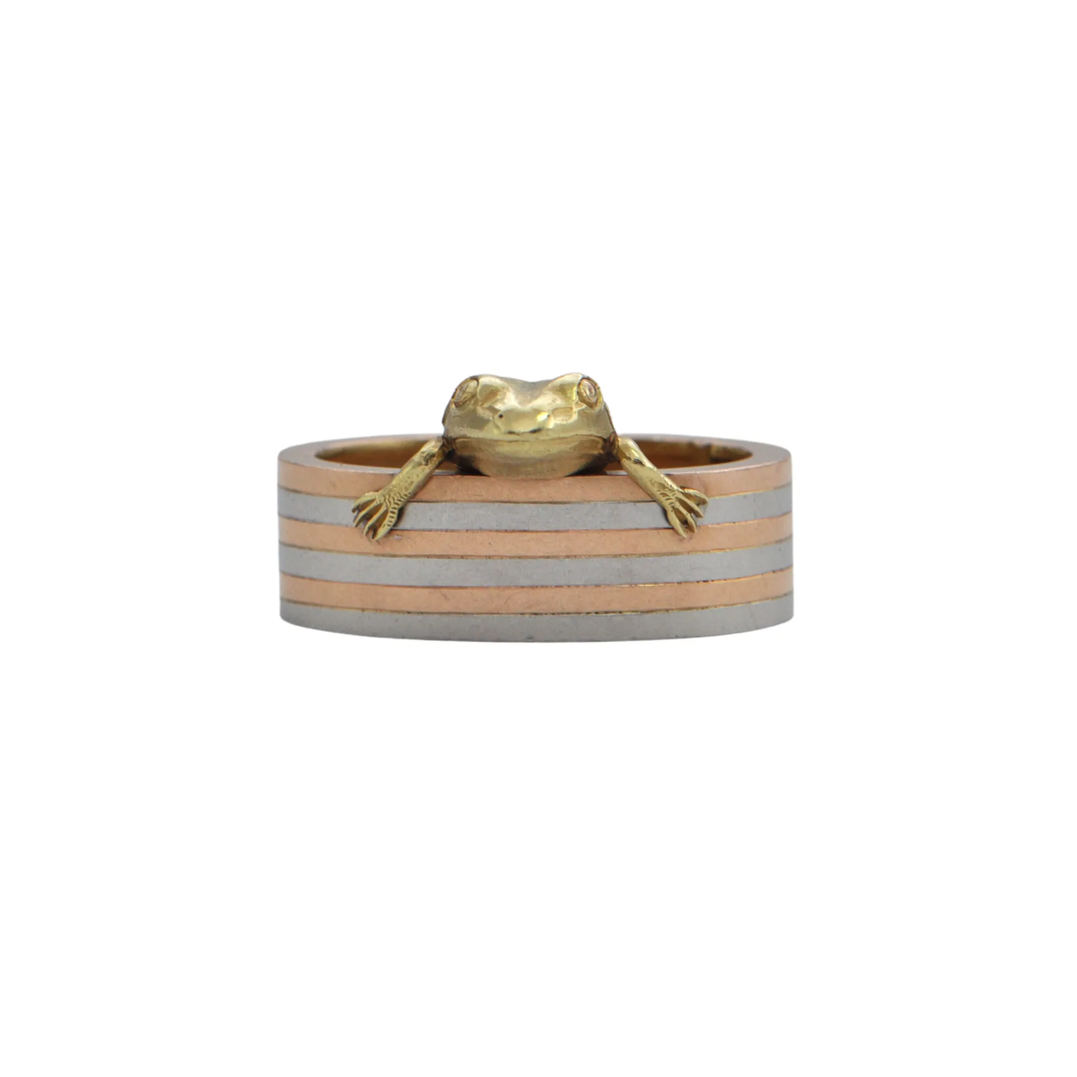 Retro 18K Rose and White Gold Pearl Shortener with 18K Yellow Gold Frog