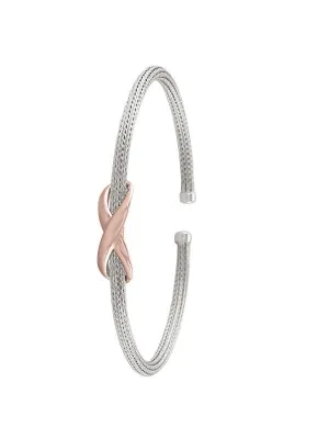 STERLING SILVER PINK GOLD AND RHODIUM "X" BANGLE