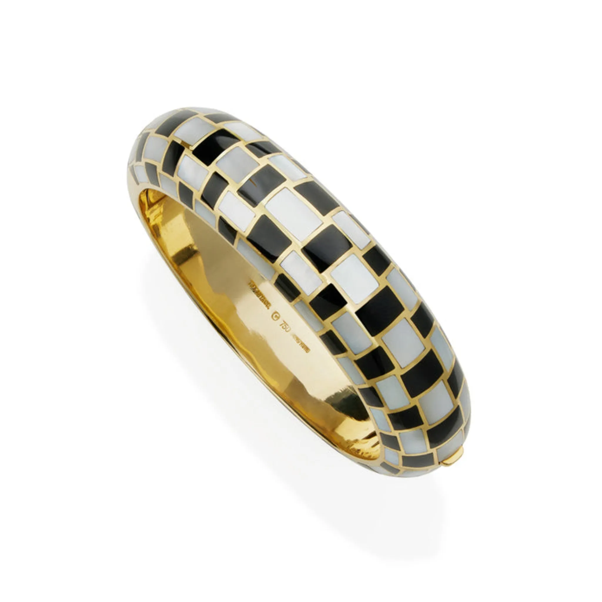 Tiffany & Co. by Angela Cummings 1980s 18KT Yellow Gold Mother of Pearl & Black Jade Bangle Bracelet