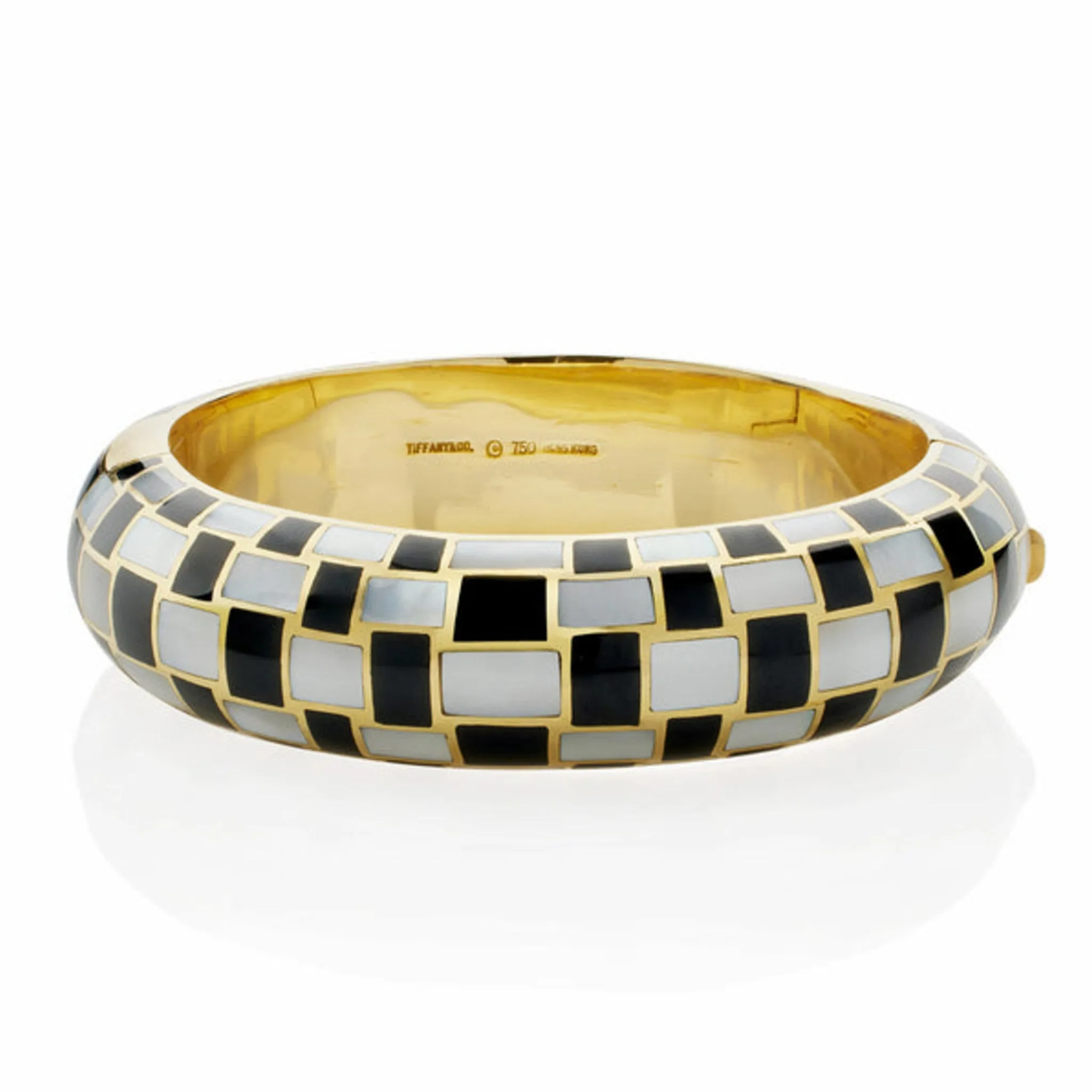 Tiffany & Co. by Angela Cummings 1980s 18KT Yellow Gold Mother of Pearl & Black Jade Bangle Bracelet