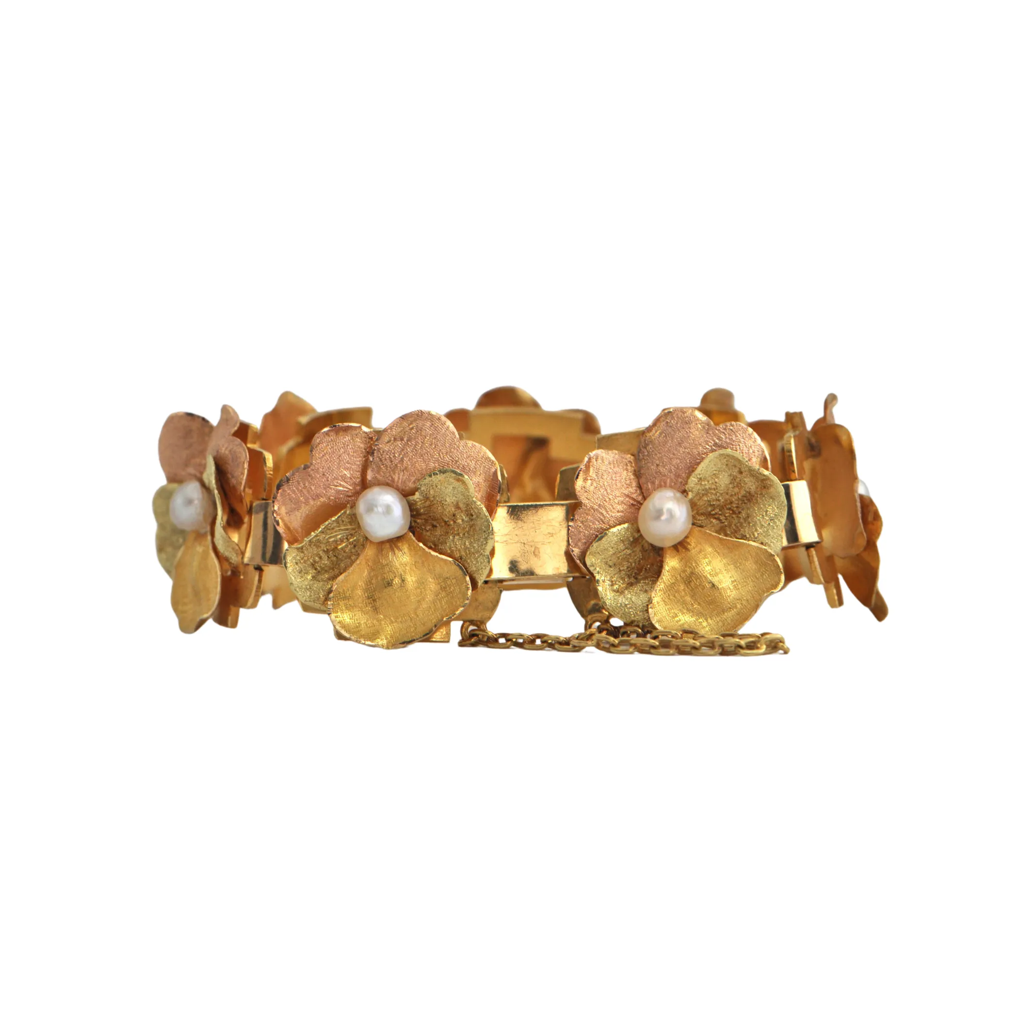 Vintage 18k Gold and Fresh Water Pearl Pansy Bracelet
