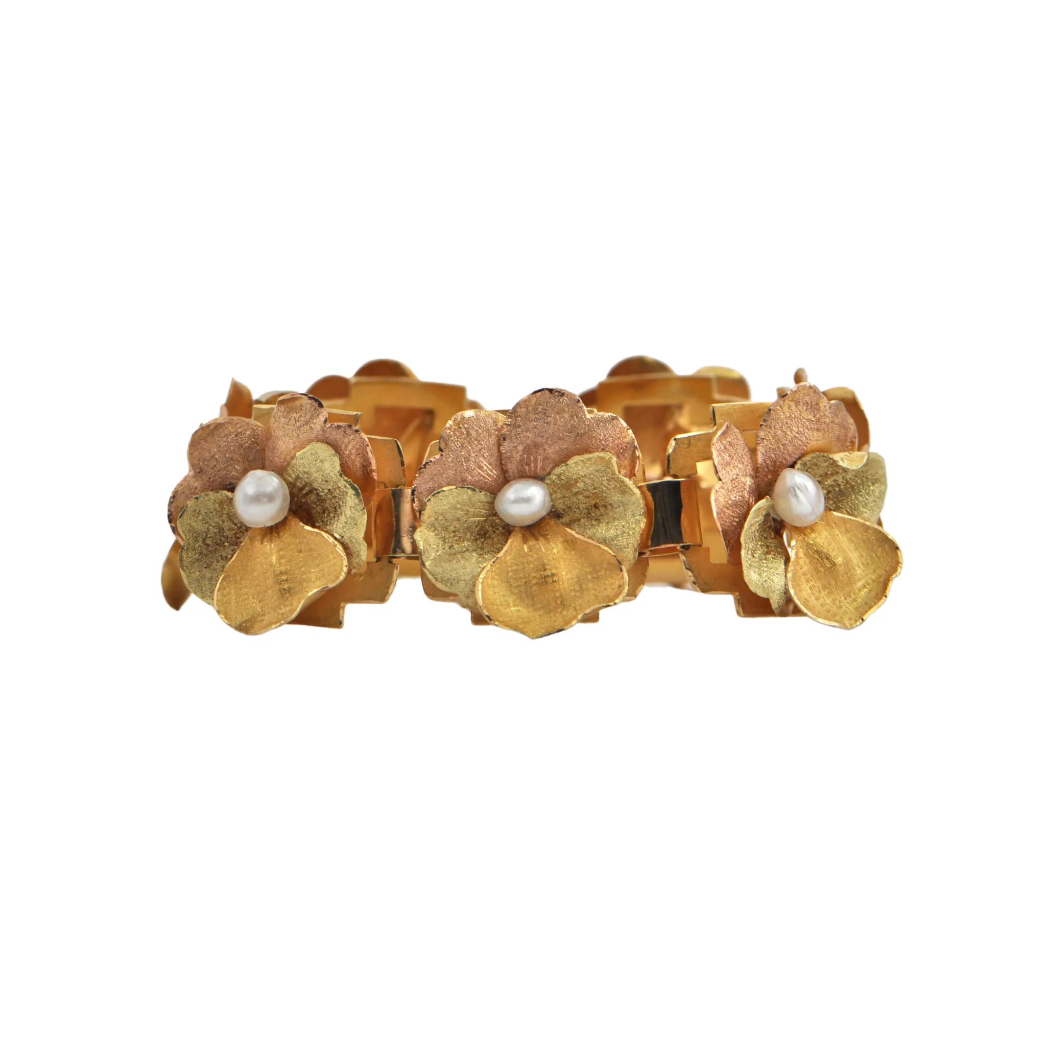 Vintage 18k Gold and Fresh Water Pearl Pansy Bracelet