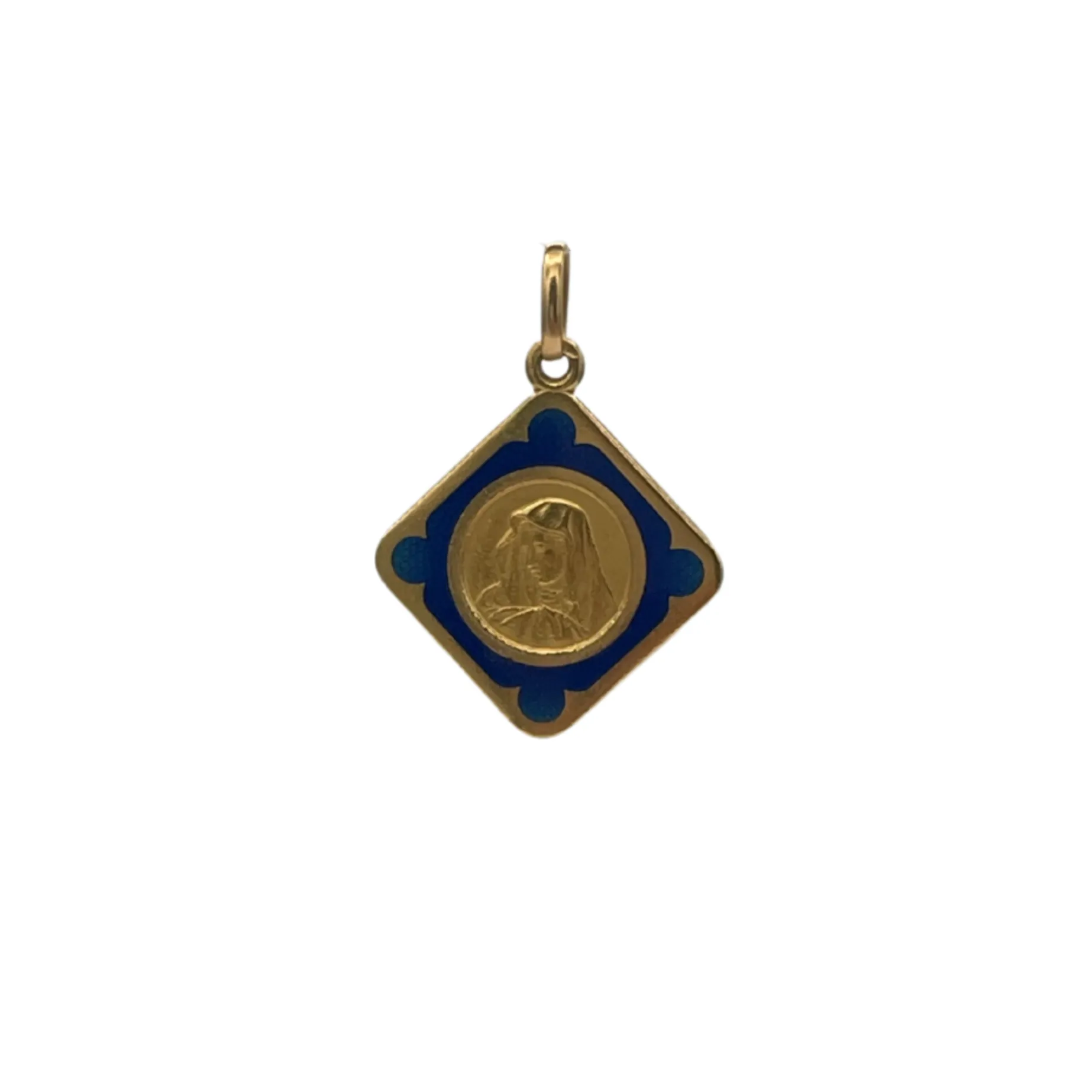 Vintage 18k solid gold virgin mary charm with blue enamel