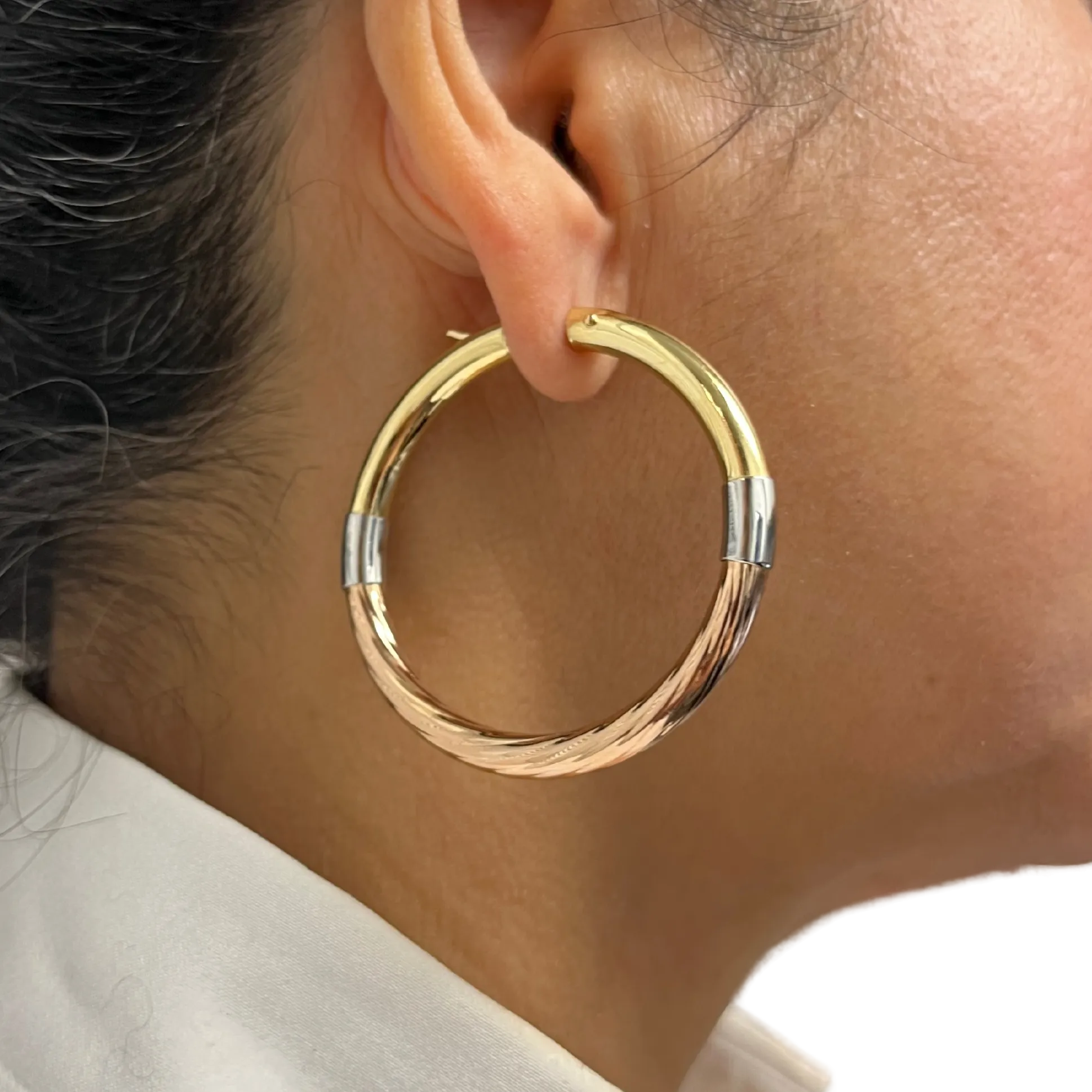 Vintage 3 tone 18k Italian Large 2" Hoop earrings