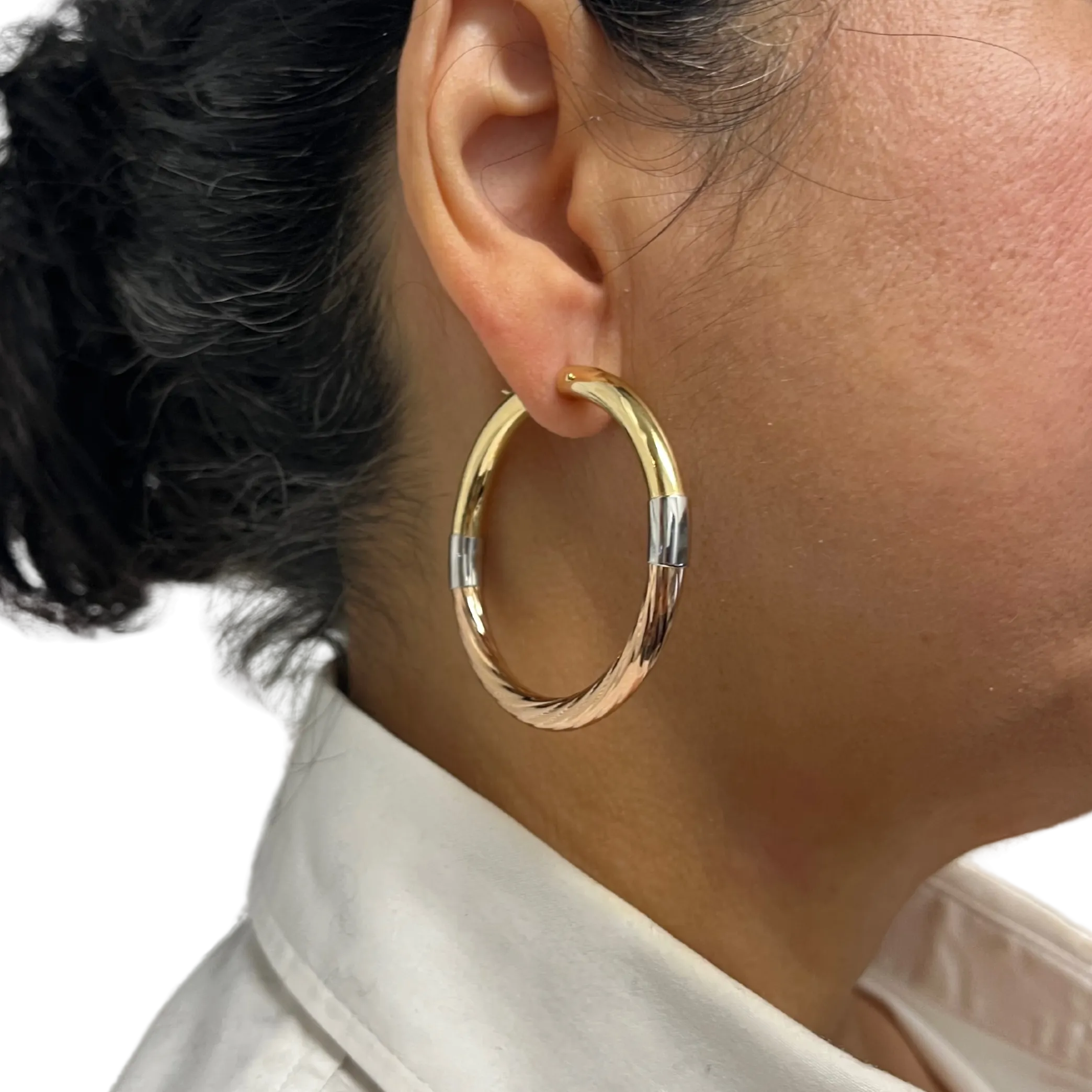 Vintage 3 tone 18k Italian Large 2" Hoop earrings