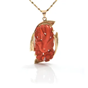 Vintage Hand Carved Coral 14K Yellow Gold Pendant